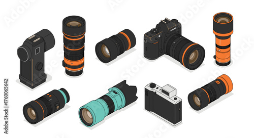 Isometric cameras and lenses collection on white background