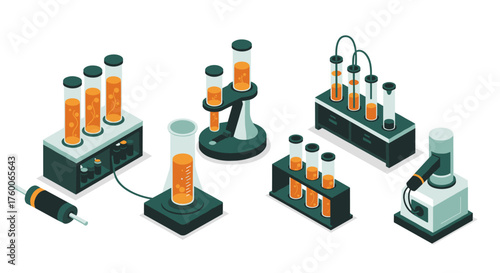 Isometric laboratory equipment set with test tubes and scientific apparatus