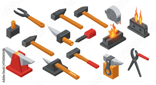 Isometric blacksmith tools set with anvil, hammer, and forge elements