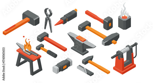 Isometric blacksmith tools collection: anvil, hammers, tongs, forge, and more