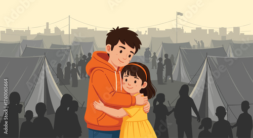 Brother comforting his sister in a refugee camp shows resilience and hope, perfect for illustrating stories of strength and compassion during challenging times