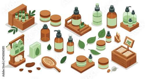 Eco-friendly skincare products in isometric wooden display with natural ingredients