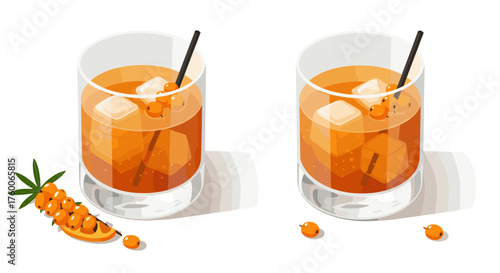 Sea buckthorn juice in glasses with ice cubes and berries on white background