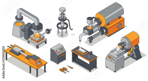 Isometric industrial equipment set for modern manufacturing concepts