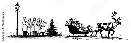 Christmas Carolers and Reindeer Sleigh Scene
