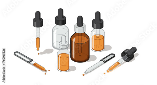 Isometric dropper bottles with orange serum on white background