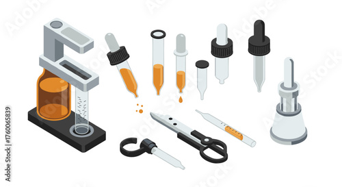 Laboratory equipment set with isometric microscope, pipettes, and tools on white background