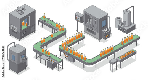 Modern beverage factory with automated conveyor system in isometric design