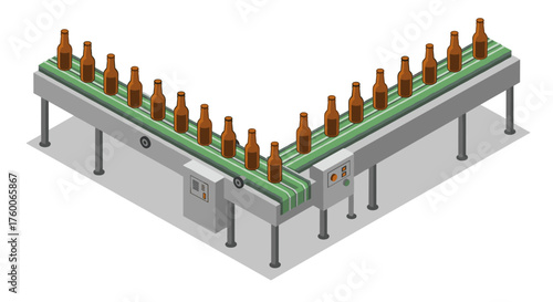Isometric factory conveyor with bottles: modern industrial production line