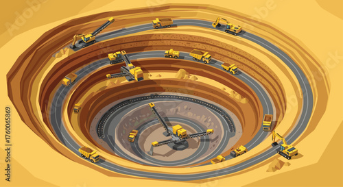 Dynamic aerial view of a vibrant open-pit mine operation with excavators and trucks, conveying industry, progress, and resource extraction for innovative projects