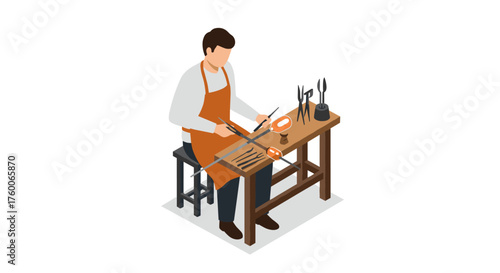 Isometric workshop scene: craftsman at work with tools on a wooden bench