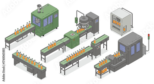 Isometric beverage bottling production line with conveyor machines and equipment