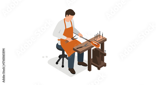 Isometric craftsperson engaged in metalwork with tools and anvil on white background