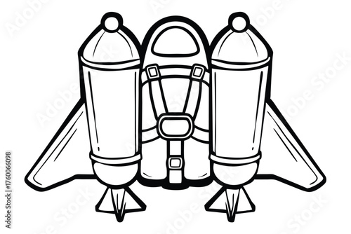 Outlined monochrome rocket jetpack with wings and harness ready for astronaut adventures looks adventurous