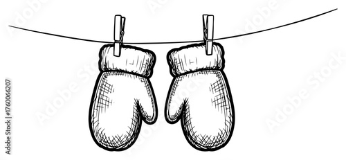 Winter Mittens Hanging on a Clothesline