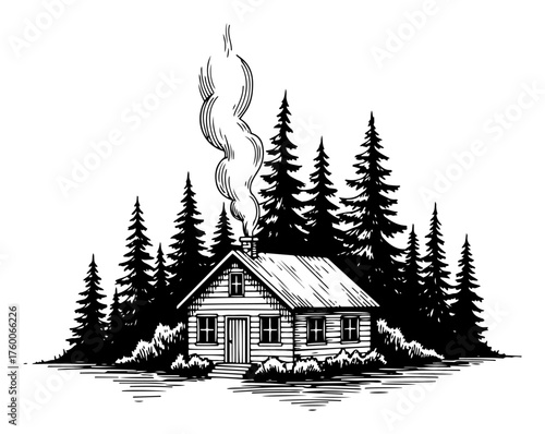 Winter Cabin in Pine Forest with Smoke