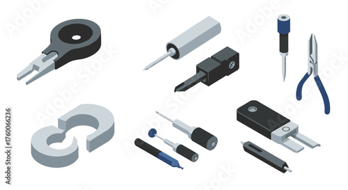 Isometric hand tools collection featuring pliers, screwdrivers, and unique bits on white background