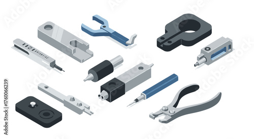 Assorted mechanical tools in modern isometric style for engineering and repair