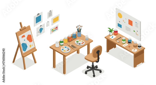 Creative art studio workspace with painting supplies in isometric view