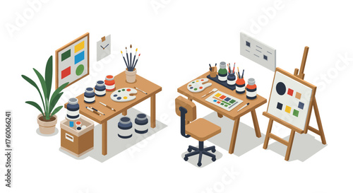 Creative studio workspace with art supplies and easel in isometric design