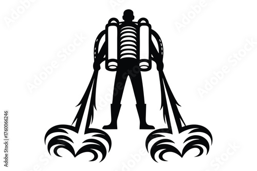 Man silhouette with large black equipment sprays downwards using his tools in abstract