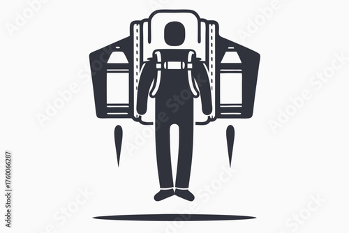 Silhouette of a figure using jetpack with flames underneath them for takeoff on white