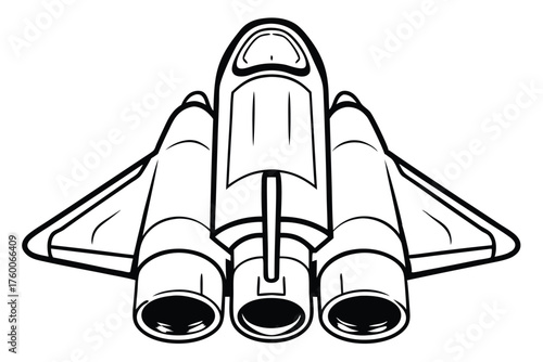 Outlined spaceship with wings and three rocket engines is showcased with simple monochrome lines