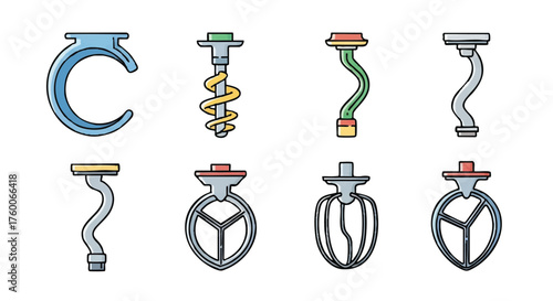 set of dough hook mixer attachment outline icons vector full color