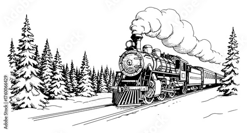Steam Locomotive in Winter Pine Forest