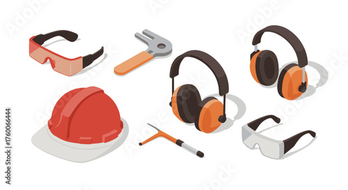 Isometric safety gear and tools: hard hat, goggles, and headphones