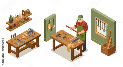 Woodworking workshop scene with tools and carpenter in isometric design