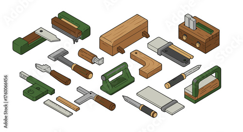 Collection of isometric vintage woodworking tools on white background