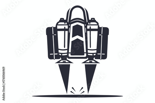 Monochrome jetpack launches with flames, showcasing adventure and science fiction technology for travel