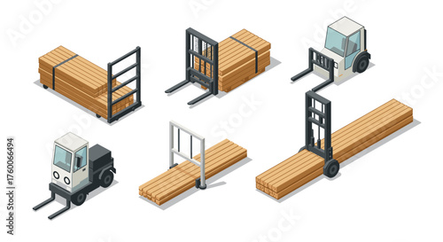 Isometric forklift and lumber set: industrial and construction equipment in detailed design