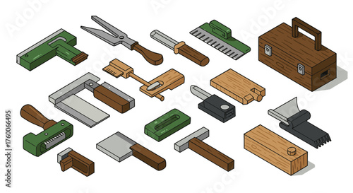 Detailed isometric collection of woodworking tools on white background