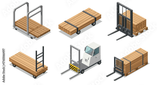Isometric industrial equipment and wooden pallets for efficient warehouse organization