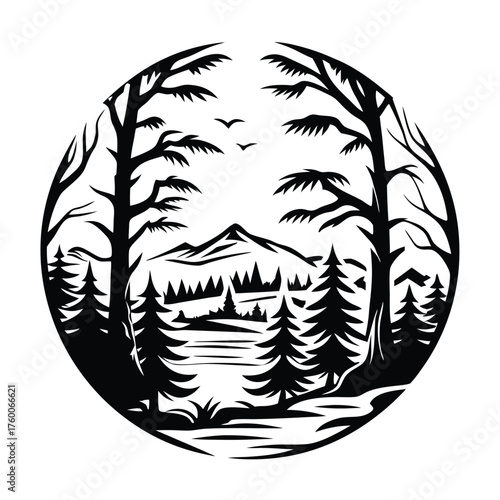 Silhouette shows trees framing a serene mountain and lake landscape in a circular vector