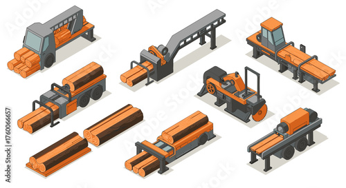 Isometric wood processing machines: timber, sawmill, and logging equipment