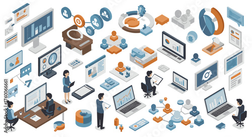 Isometric office technology and analytics concept with digital tools and charts