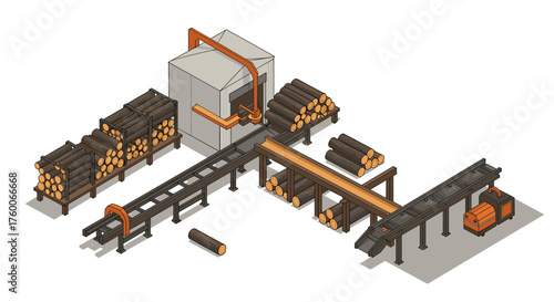Isometric lumber mill with conveyor belts and storage area
