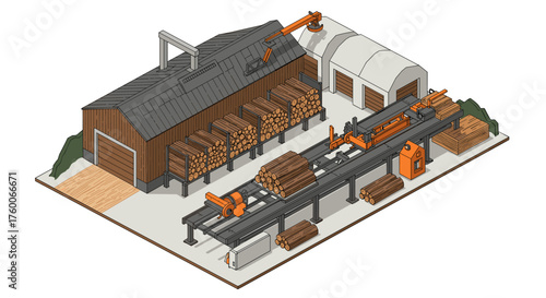 Isometric lumber mill with wood processing machinery in action