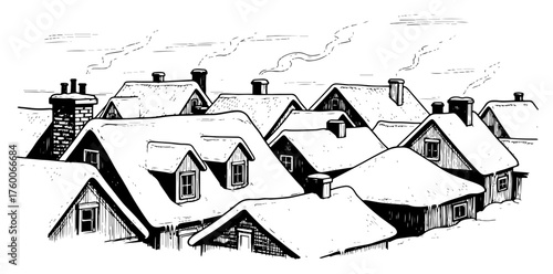 Snowy Village Rooftops Winter Scene