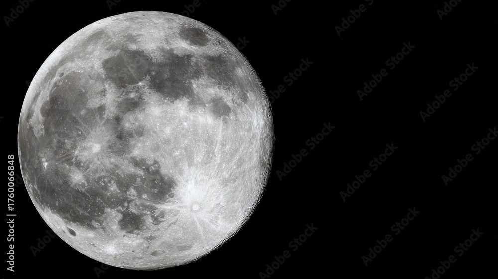 Obraz premium phase. A detailed closeup of the full moon, showcasing its textured surface against the dark expanse of space. STEM education sheets.