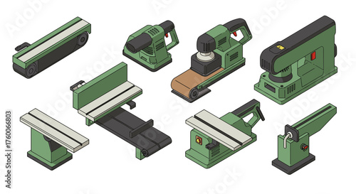 Isometric collection of various green power tools on white background
