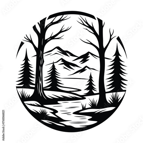 Serene mountain encased in a circular frame features river and bare winter trees