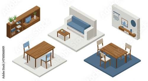 Modern isometric living room and dining area with minimalist furniture and decor