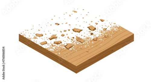 Isometric wooden plank with dust and debris top view