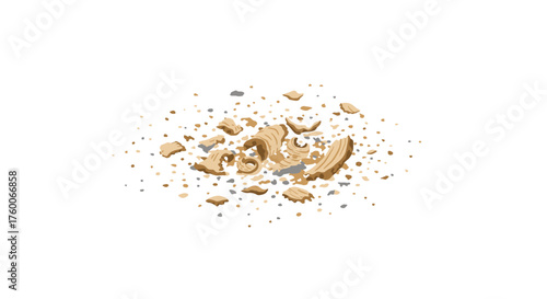 Realistic wood shavings and dust on white background