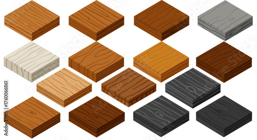 Colorful wooden plank set: isometric style wood textures in various shades