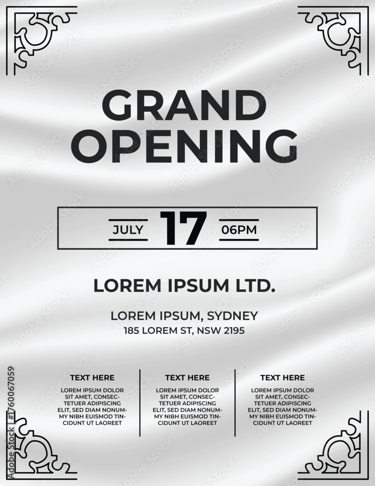 Obraz premium Modern grand opening banner with silver ribbon and grey background, elegant luxury event invitation
